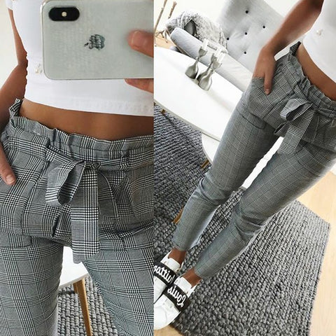 Fashion Spring Vintage Gray Grid Casual Pants