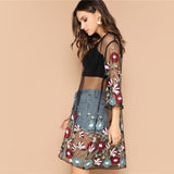 Multicolor Flower Embroidery Mesh Sheer Cardigan