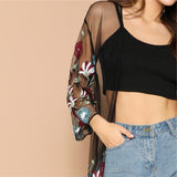 Multicolor Flower Embroidery Mesh Sheer Cardigan