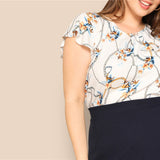Butterfly Sleeve Chain Print White Blouse