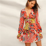 Multicolor V Neck Button Dress