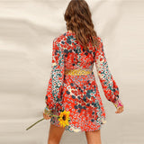 Multicolor V Neck Button Dress