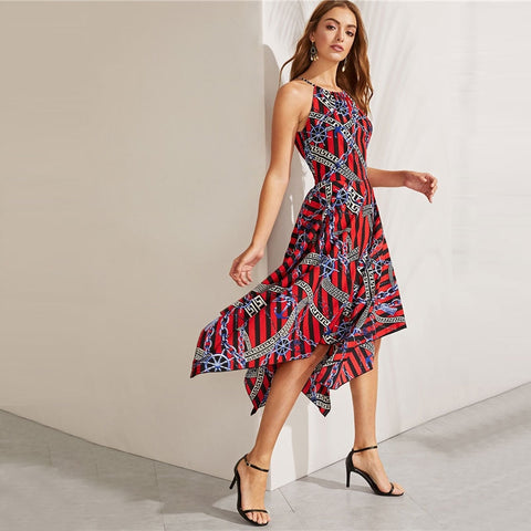 Chain Print Asymmetrical Sleeveless Dress