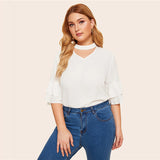 White Choker Neck Layered Flounce Sleeve Blouse