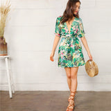 Deep V Neck Tropical Print Dress