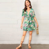 Deep V Neck Tropical Print Dress
