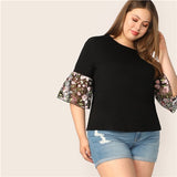 Black Floral Embroidered Mesh Sleeve Top Blouse