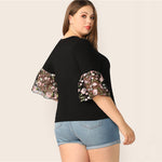 Black Floral Embroidered Mesh Sleeve Top Blouse
