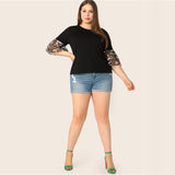 Black Floral Embroidered Mesh Sleeve Top Blouse