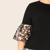 Black Floral Embroidered Mesh Sleeve Top Blouse