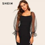 Black Dot Mesh Flounce Sleeve Dress