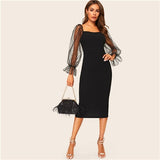 Black Dot Mesh Flounce Sleeve Dress