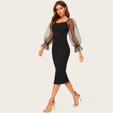 Black Dot Mesh Flounce Sleeve Dress
