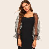 Black Dot Mesh Flounce Sleeve Dress