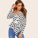 Asymmetrical Neck Ruffle Polka Dot Print Blouse