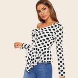 Asymmetrical Neck Ruffle Polka Dot Print Blouse
