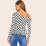 Asymmetrical Neck Ruffle Polka Dot Print Blouse