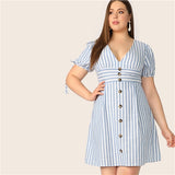 SHEIN Plus Size Blue Deep V Neck Button Front Tied Cuff Striped Dress Women 2019 Summer A Line Boho High Waist Plus Size Dress