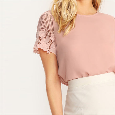 Pink Casual Scallop Hem Lace Sleeve Blouse