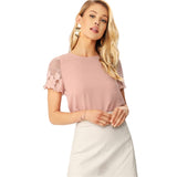 Pink Casual Scallop Hem Lace Sleeve Blouse