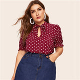 Burgundy Polka Dot Tie Neck Top Blouse
