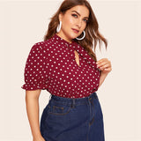 Burgundy Polka Dot Tie Neck Top Blouse