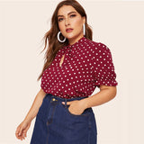 Burgundy Polka Dot Tie Neck Top Blouse