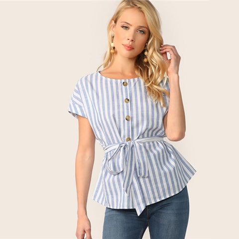 Button Front Self Belted Blue Striped Blouse