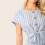 Button Front Self Belted Blue Striped Blouse