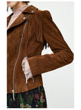 Fringed Suede Slim Fit Zipped Biker Jacket