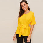 Bright Yellow Half Sleeve Self Belted Blouse