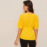 Bright Yellow Half Sleeve Self Belted Blouse