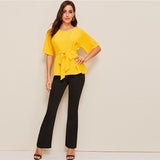 Bright Yellow Half Sleeve Self Belted Blouse