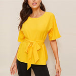 Bright Yellow Half Sleeve Self Belted Blouse