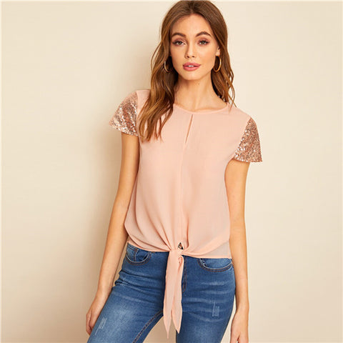 Sequin Sleeve Knot Blouse