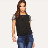 Sequin Sleeve Knot Blouse