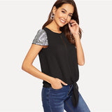 Sequin Sleeve Knot Blouse