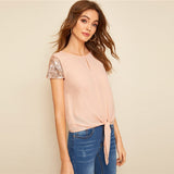 Sequin Sleeve Knot Blouse