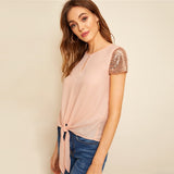 Sequin Sleeve Knot Blouse