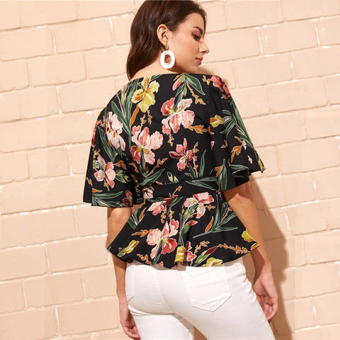 Belted Peplum Floral Blouse