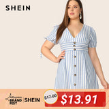 SHEIN Plus Size Blue Deep V Neck Button Front Tied Cuff Striped Dress Women 2019 Summer A Line Boho High Waist Plus Size Dress